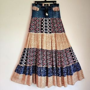 Maxi Skirt Upcycle Cotton Denim Authentic Boho  european Cotton Patched denim